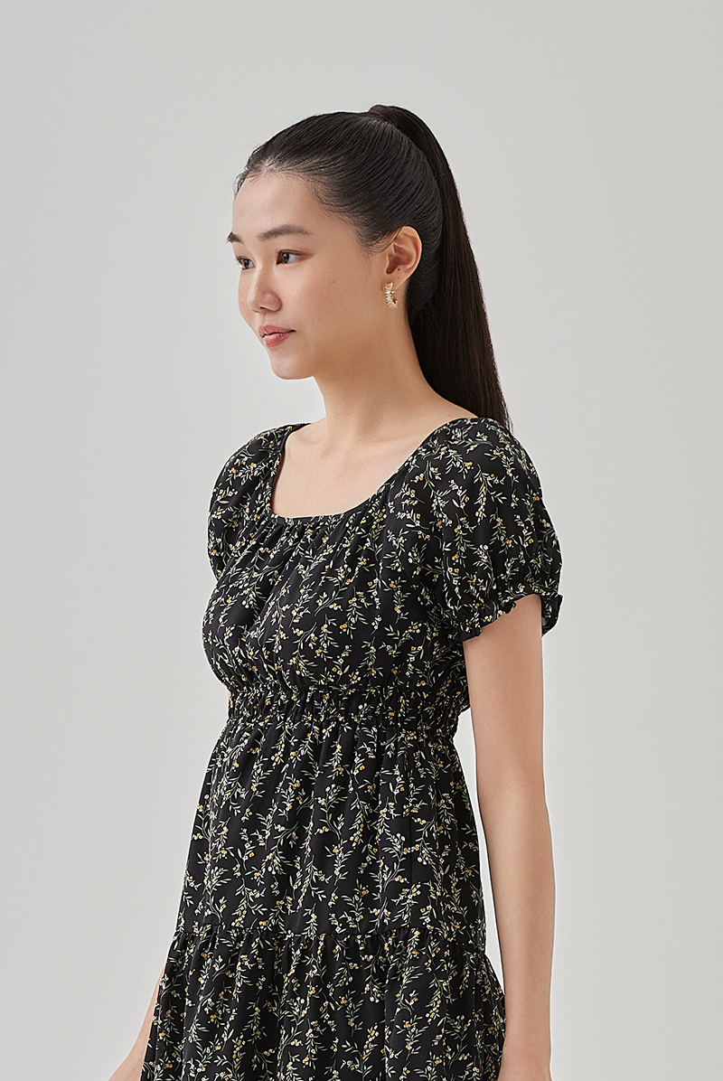 Blaire Floral Print Babydoll Dress in Black