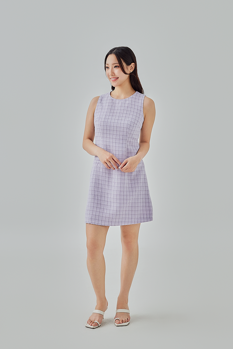Alessandra Plaid Tweed Shift Dress in Lilac Alessandra Plaid Tweed Shift Dress in Lilac