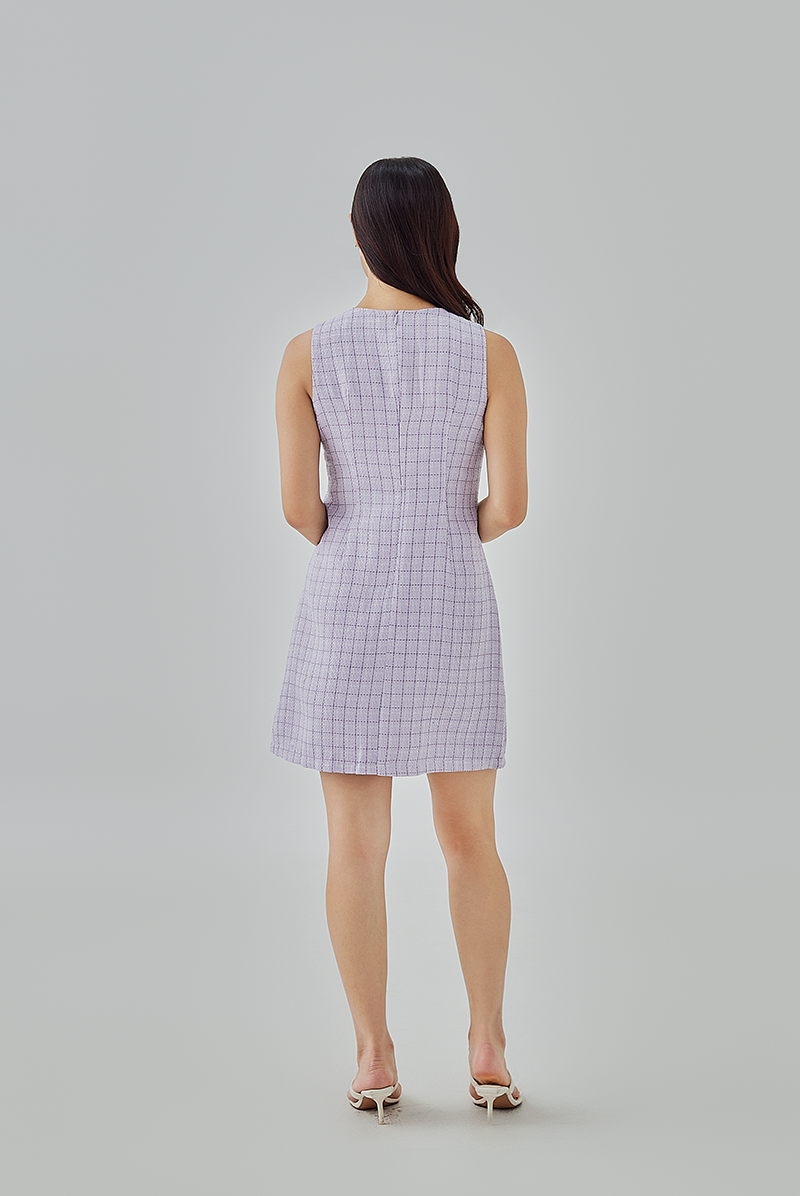 Alessandra Plaid Tweed Shift Dress in Lilac Alessandra Plaid Tweed Shift Dress in Lilac