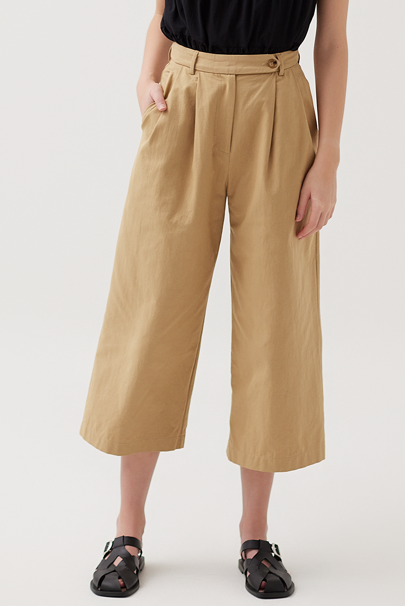 Overlapped Waistband Cropped Pants in Khaki