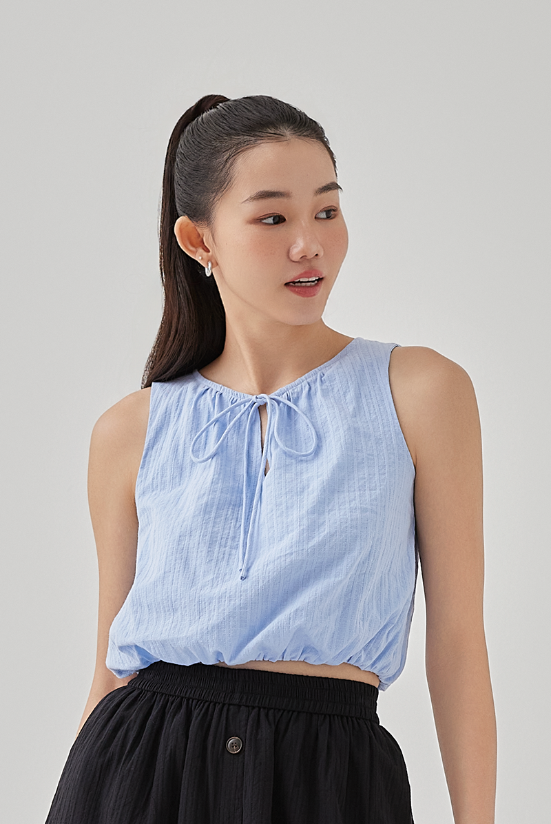 Ari Front Tie Bubble Top in Chambray Blue