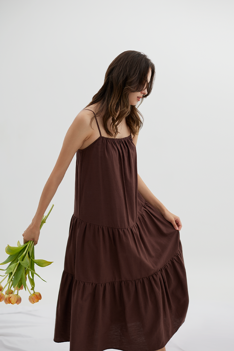 Elastic Tiered Midi Dress in Chocolate Elastic Tiered Midi Dress in Chocolate