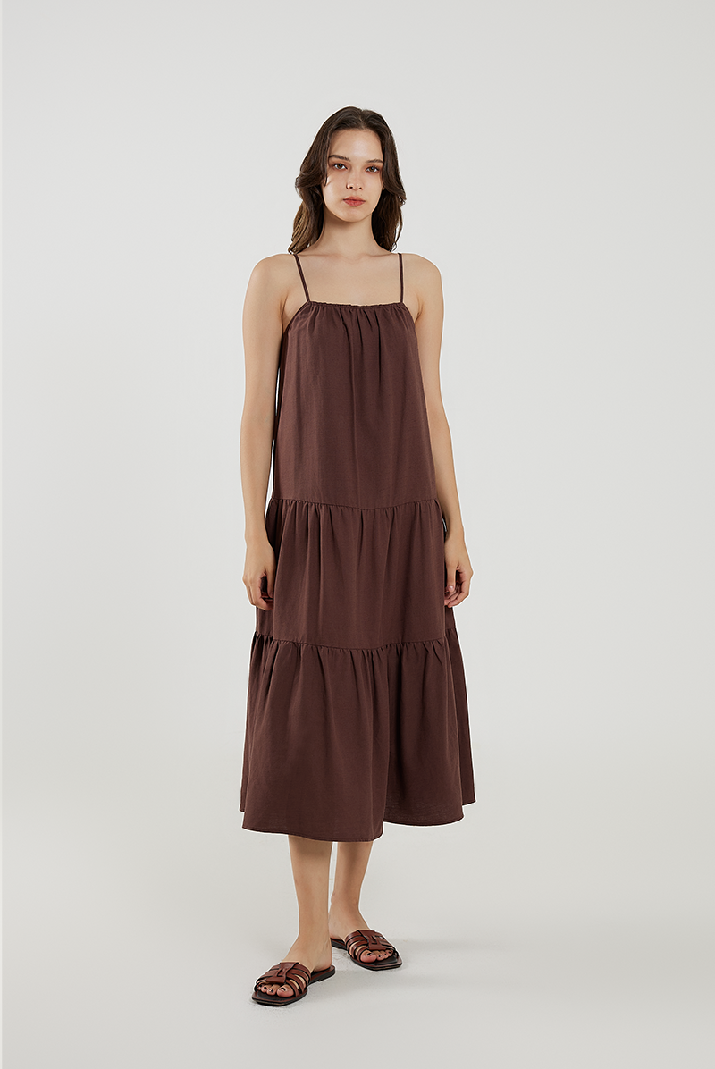 Elastic Tiered Midi Dress in Chocolate Elastic Tiered Midi Dress in Chocolate