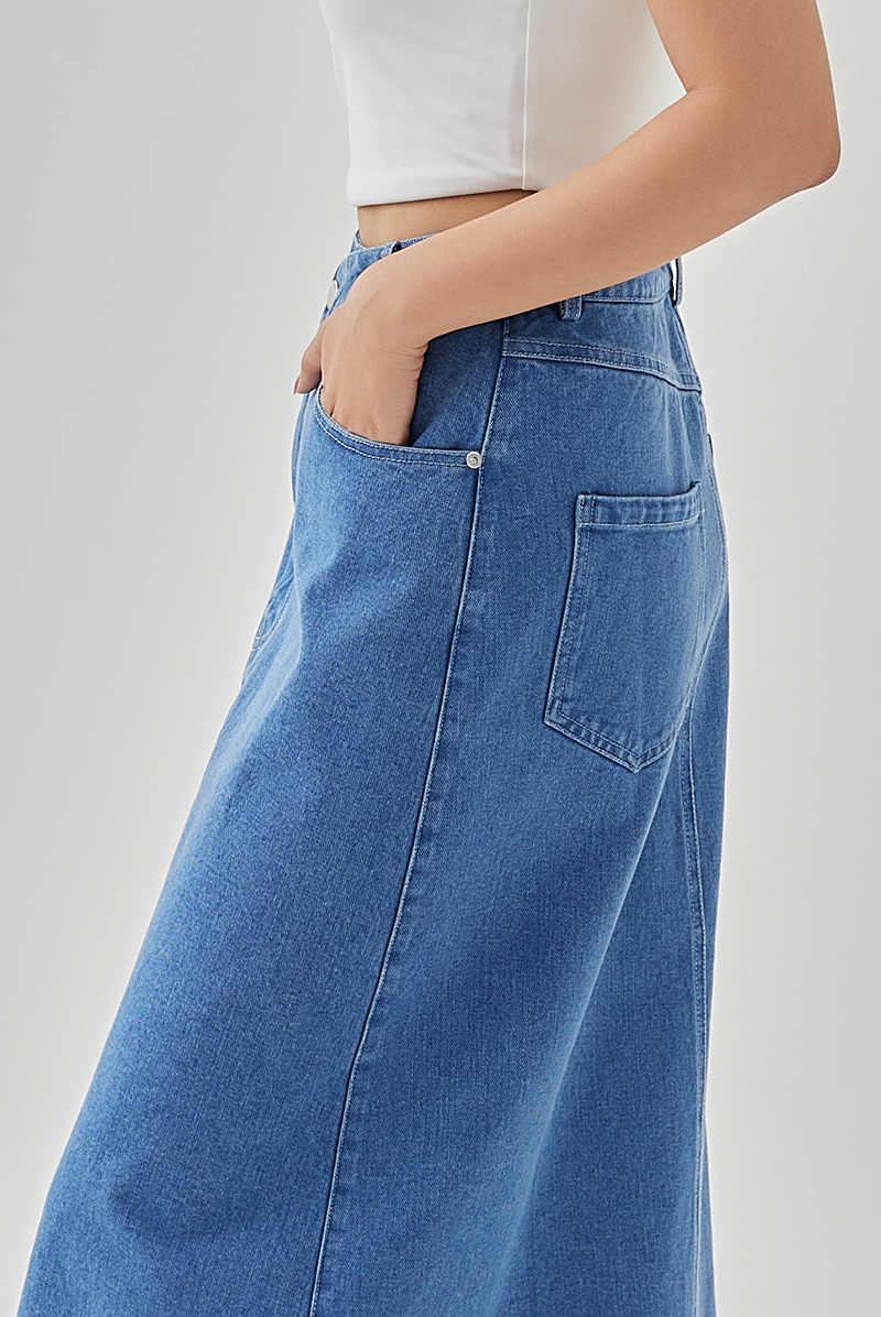 Kylie Asymmetrical Waist Denim Skirt in Denim Blue