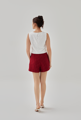 Queenie High Waisted Embroidered Shorts in Maroon