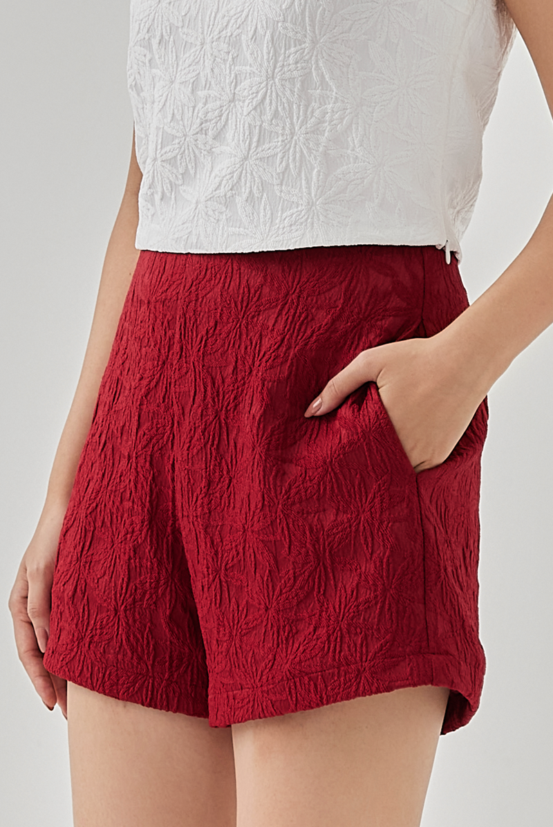 Queenie High Waisted Embroidered Shorts in Maroon