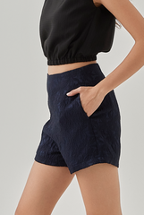 Queenie High Waisted Embroidered Shorts in Navy Blue