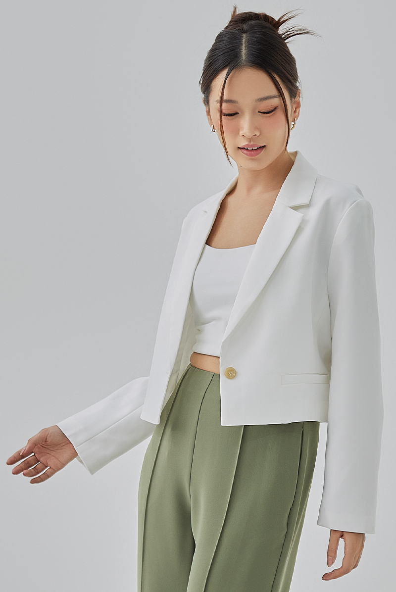 Kelyn Cropped Single Button Blazer in White Kelyn Cropped Single Button Blazer in White