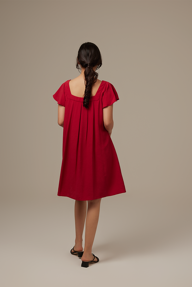 Alexa Flutter Sleeve Dress in Burgundy
