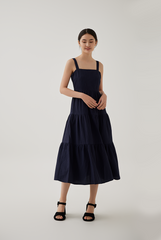 Phyllis Tiered Midi Dress in Dark Blue