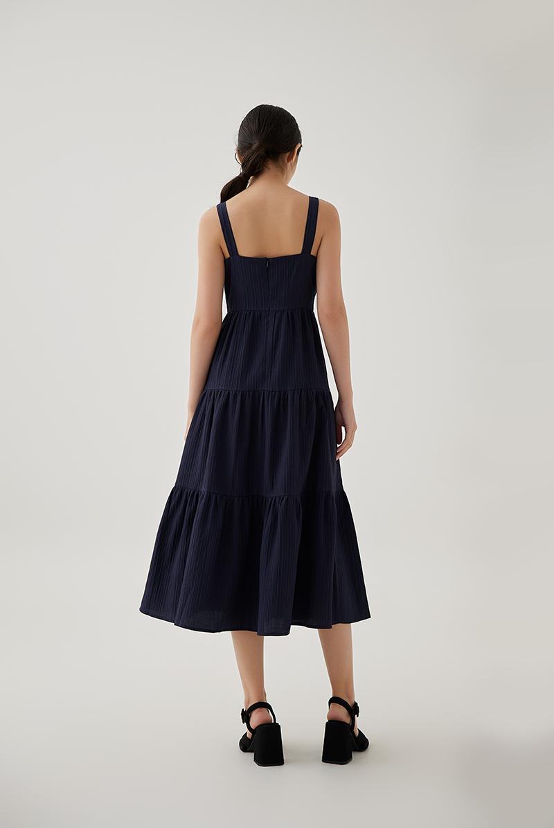 Phyllis Tiered Midi Dress in Dark Blue