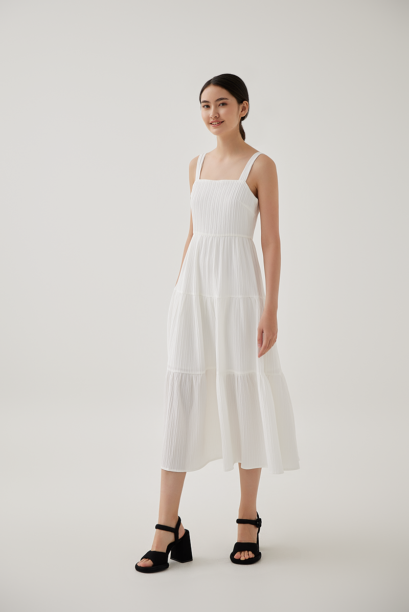 Phyllis Tiered Midi Dress in White