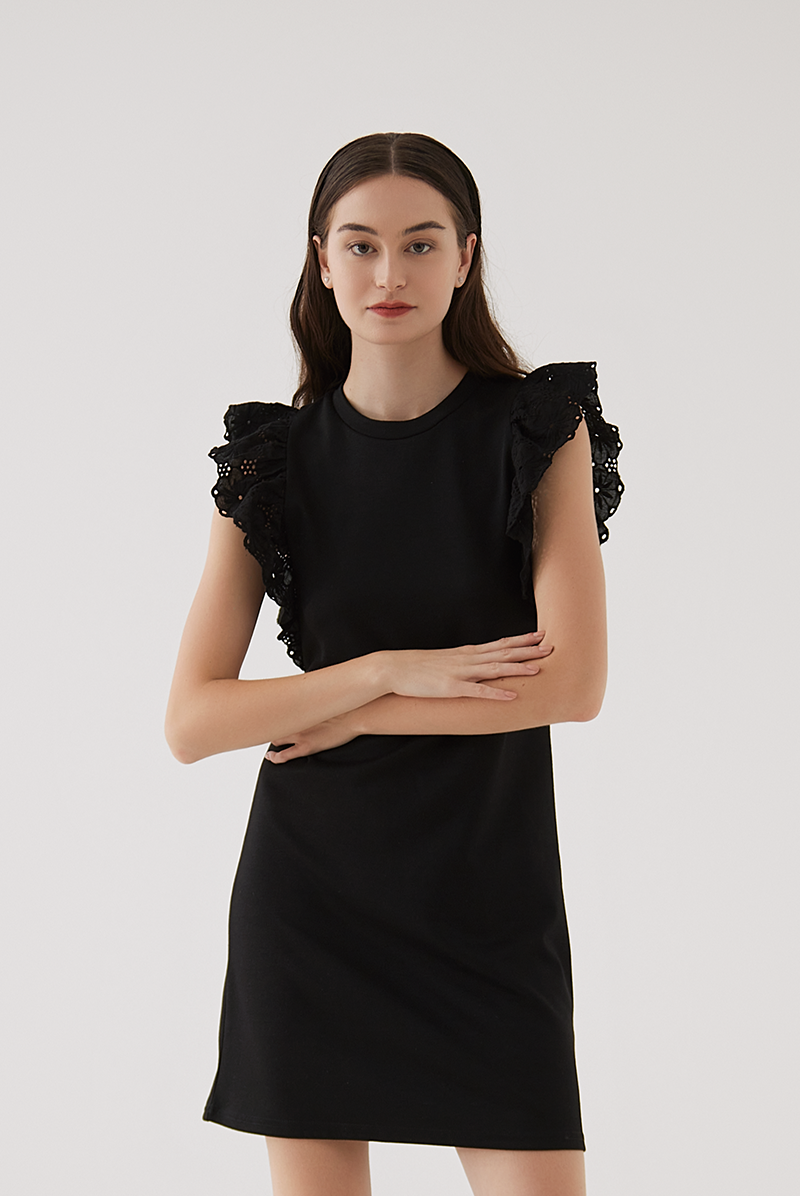 Elora Embroidery Round Neck Dress in Black