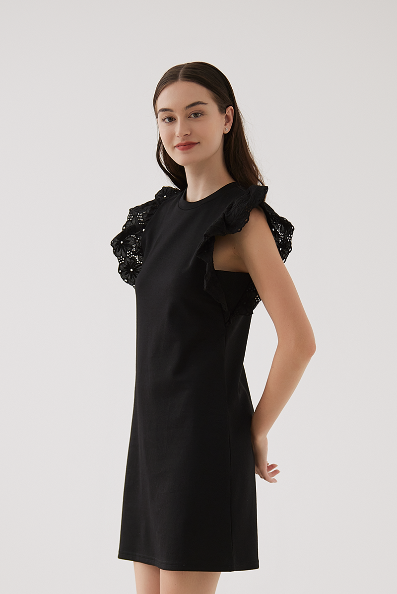 Elora Embroidery Round Neck Dress in Black