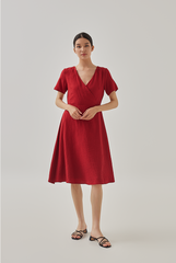 Demi V-Neck Textured Skater Dress in Burgundy
