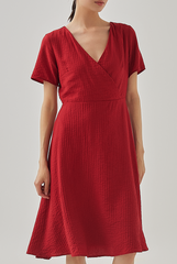 Demi V-Neck Textured Skater Dress in Burgundy