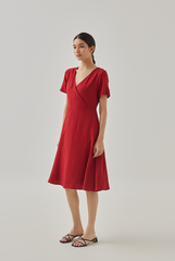 Demi V-Neck Textured Skater Dress in Burgundy