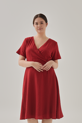 Demi V-Neck Textured Skater Dress in Burgundy