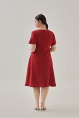 Demi V-Neck Textured Skater Dress in Burgundy
