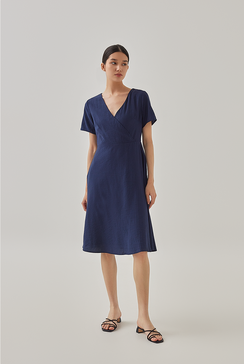 Demi V-Neck Textured Skater Dress in Navy Blue