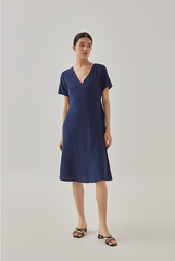 Demi V-Neck Textured Skater Dress in Navy Blue
