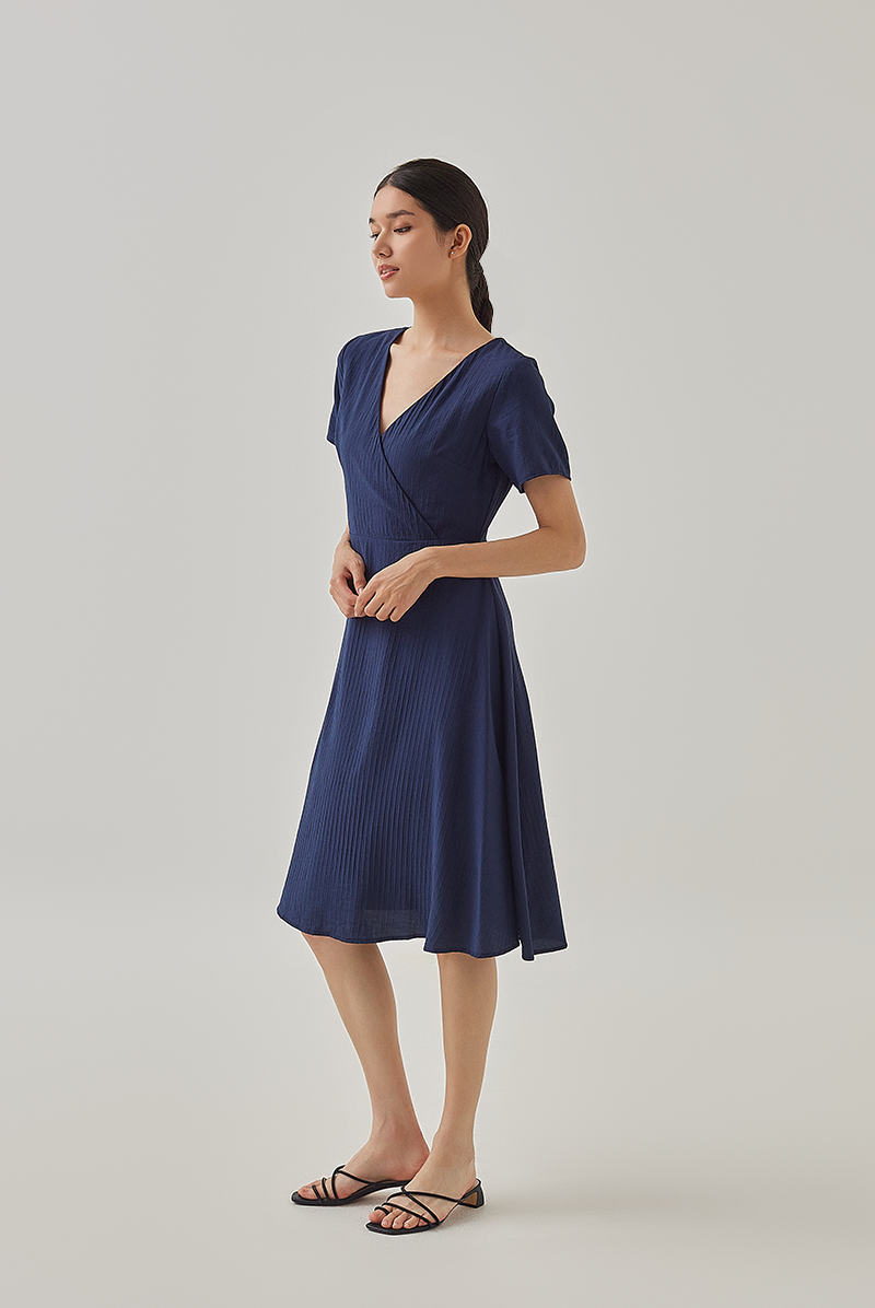 Demi V-Neck Textured Skater Dress in Navy Blue