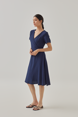 Demi V-Neck Textured Skater Dress in Navy Blue