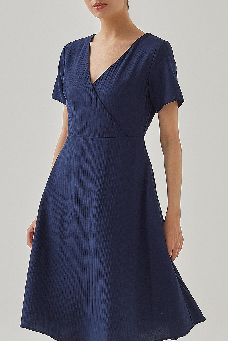 Demi V-Neck Textured Skater Dress in Navy Blue