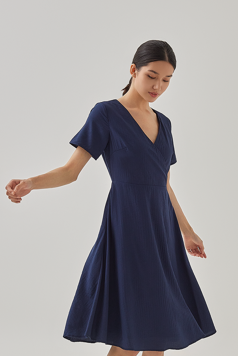 Demi V-Neck Textured Skater Dress in Navy Blue