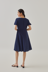 Demi V-Neck Textured Skater Dress in Navy Blue