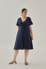 Demi V-Neck Textured Skater Dress in Navy Blue