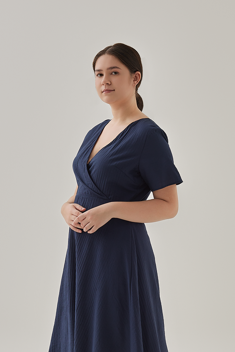 Demi V-Neck Textured Skater Dress in Navy Blue