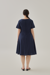 Demi V-Neck Textured Skater Dress in Navy Blue