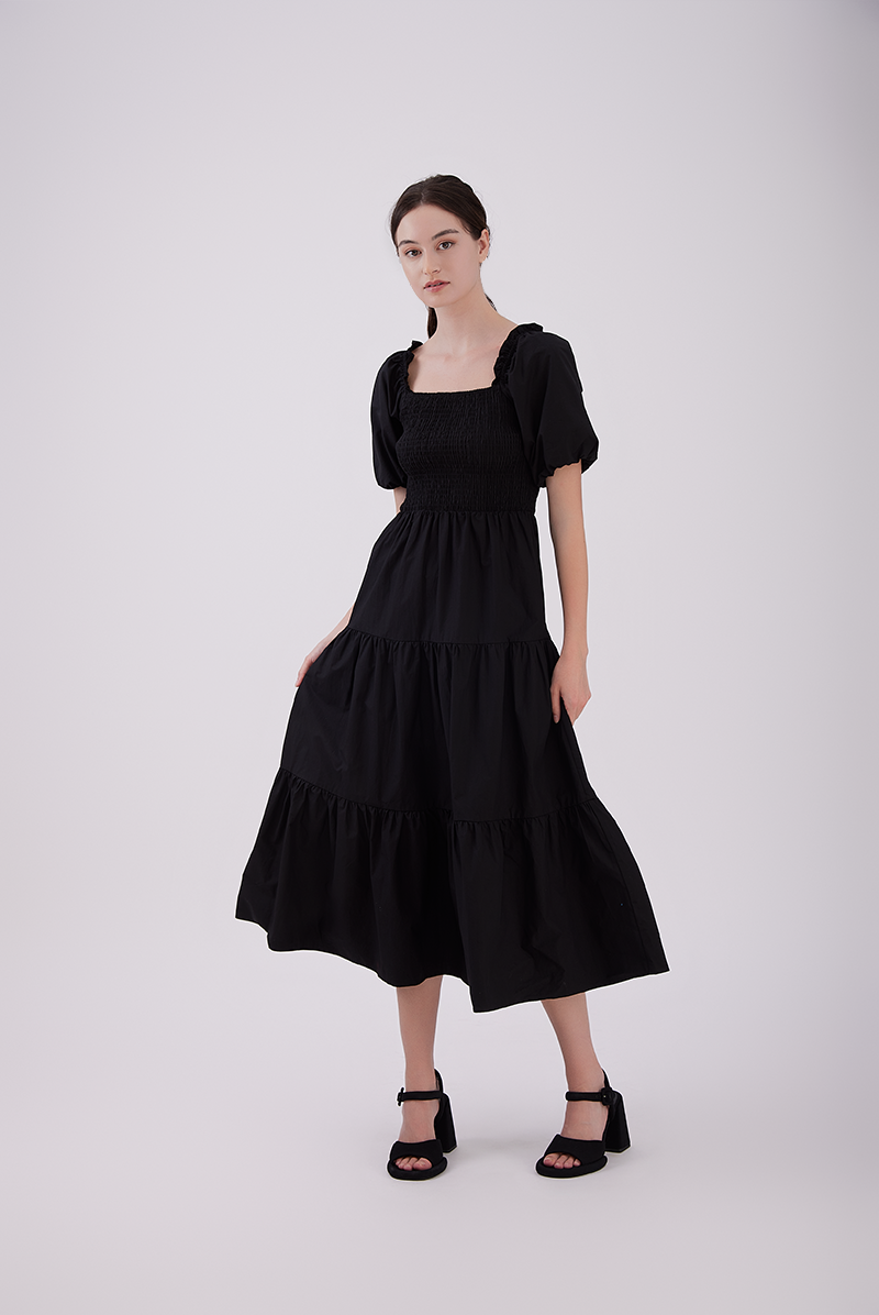 Hadley Smocked Tiered Dress in Black