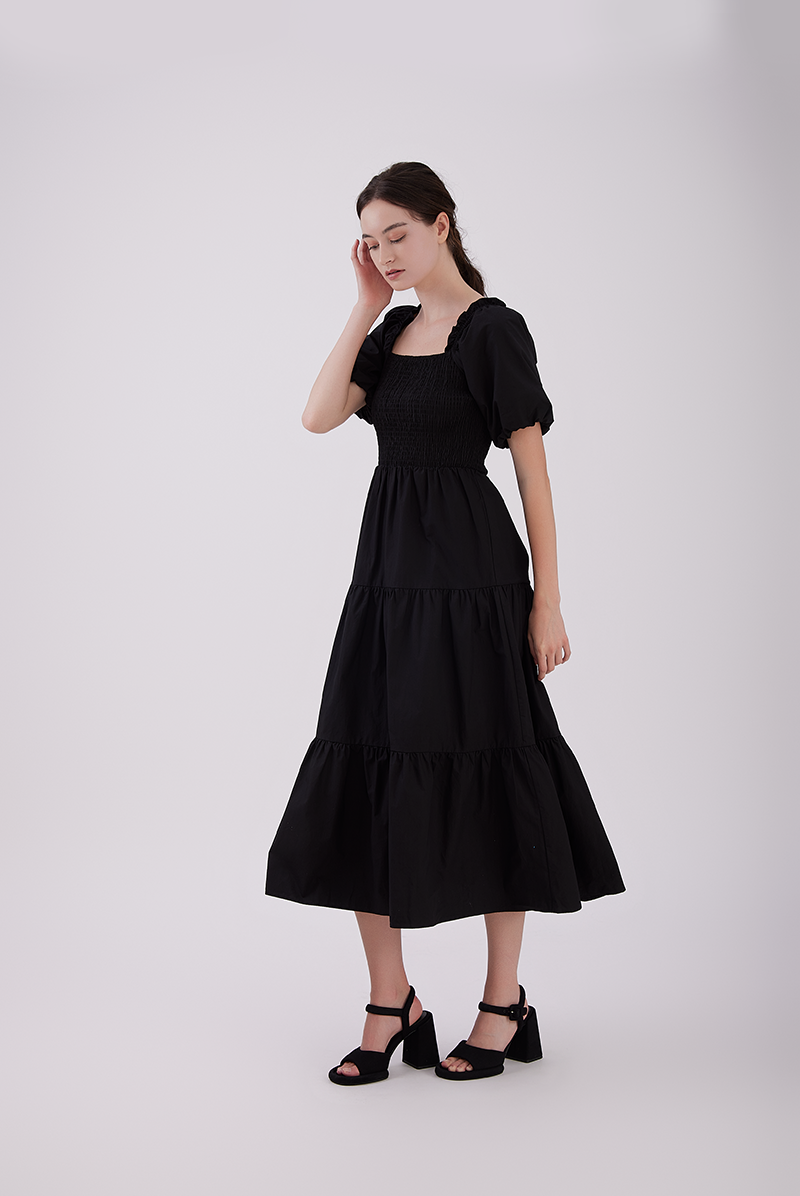 Hadley Smocked Tiered Dress in Black