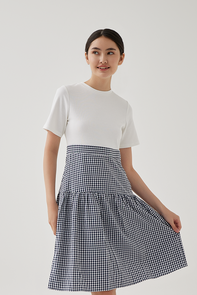 Ladona Gingham Dress in Navy Blue