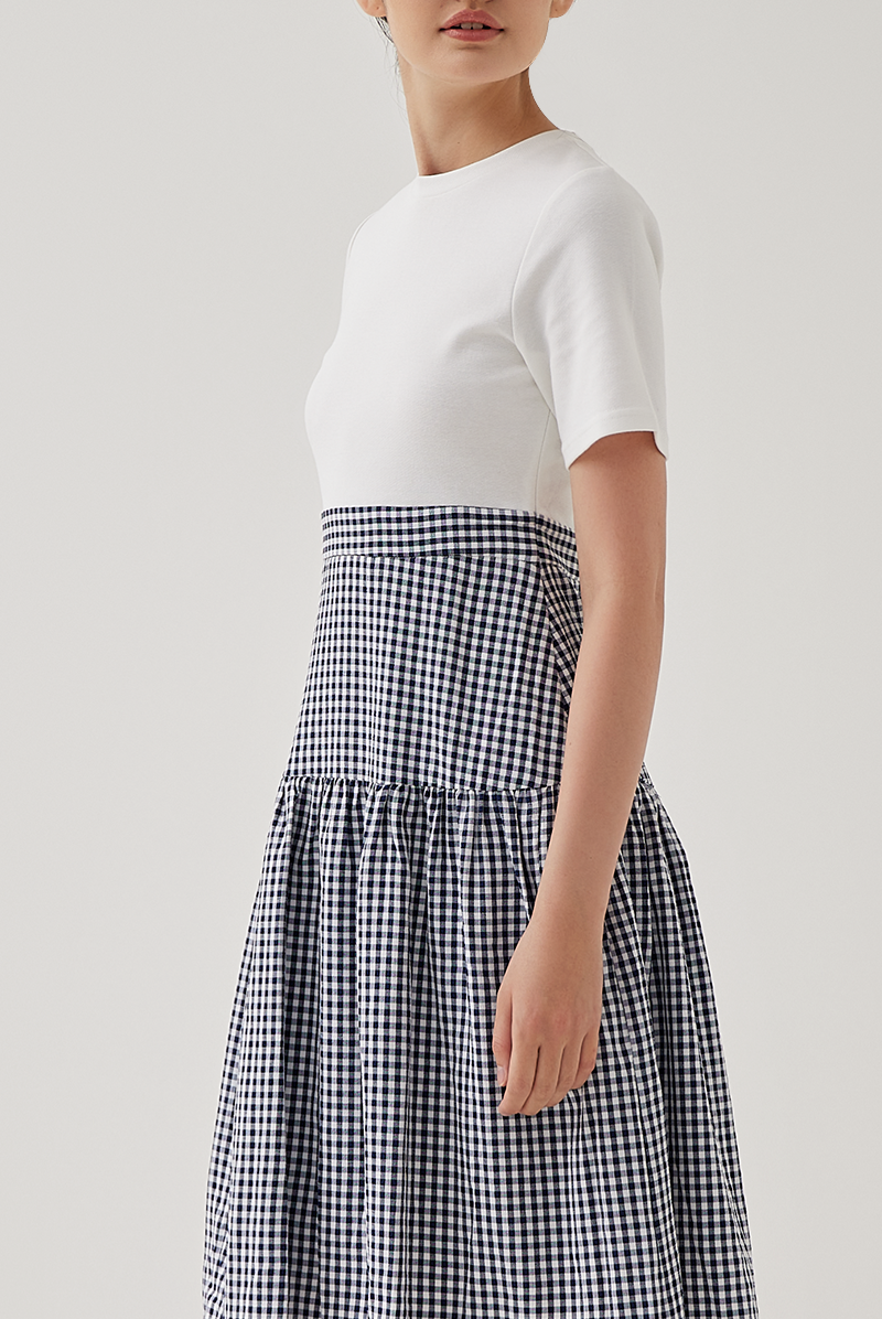 Ladona Gingham Dress in Navy Blue