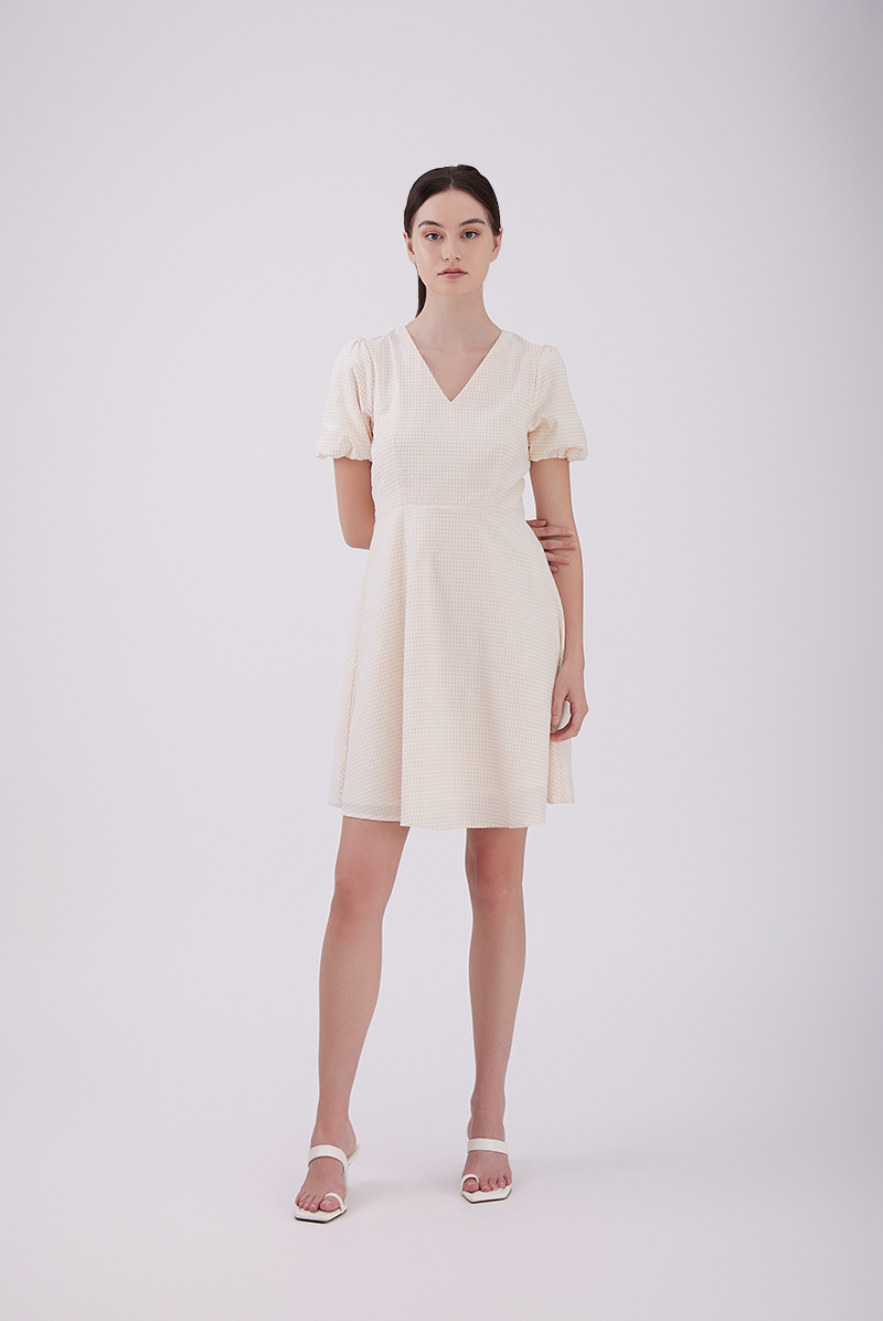 Callie Gingham Ribbon-Tie Dress in Beige