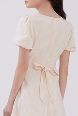 Callie Gingham Ribbon-Tie Dress in Beige