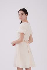 Callie Gingham Ribbon-Tie Dress in Beige