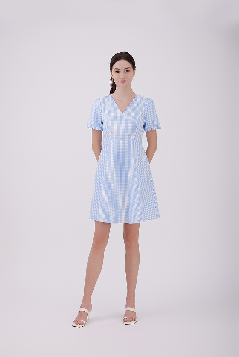 Callie Gingham Ribbon-Tie Dress in Blue