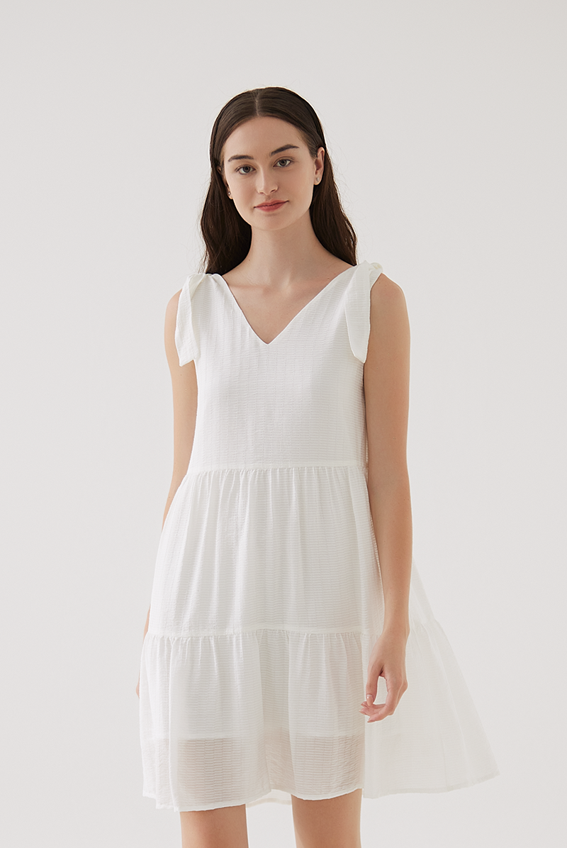 Sereba Self-Tie Ribbon Tiered Dress in White