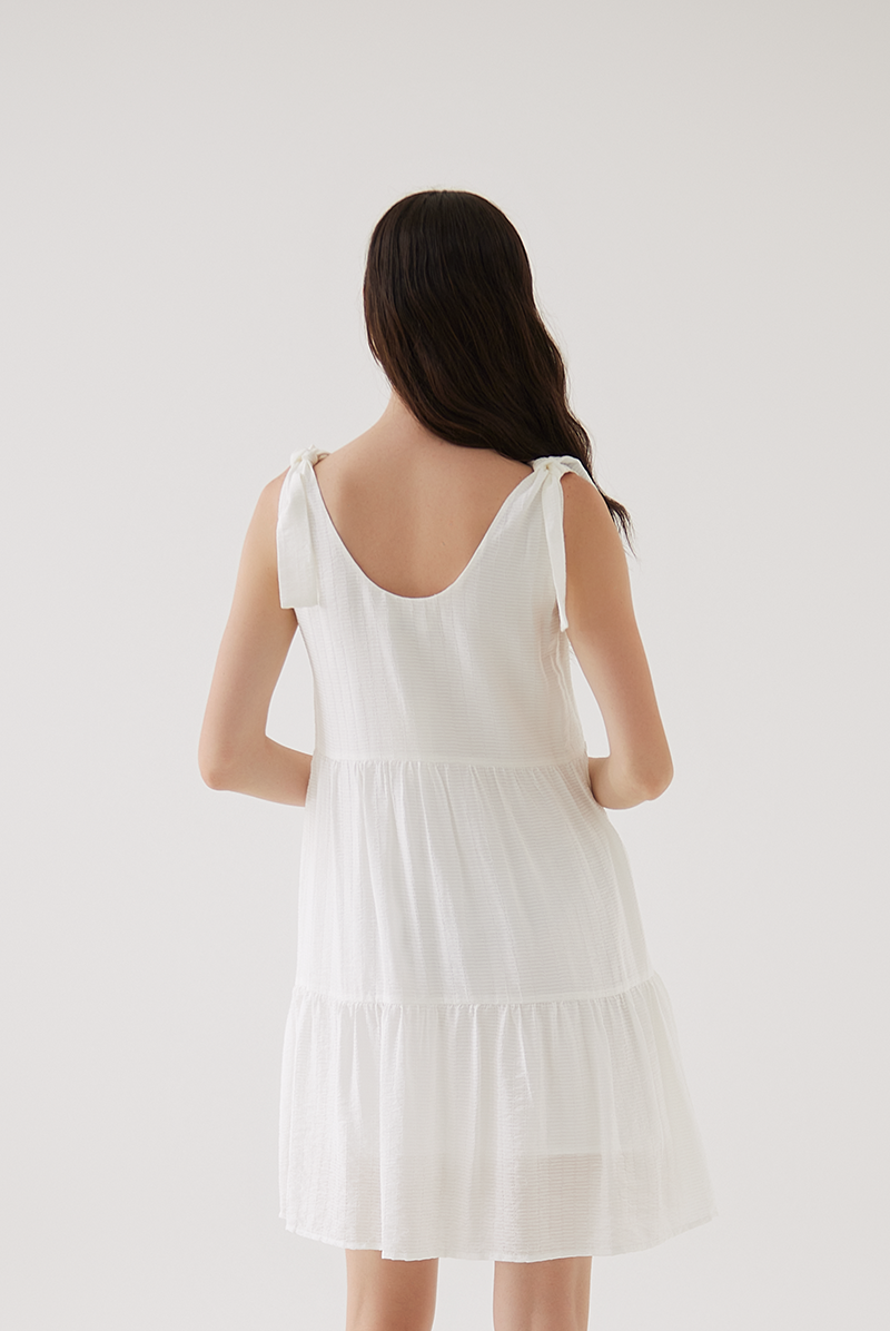 Sereba Self-Tie Ribbon Tiered Dress in White