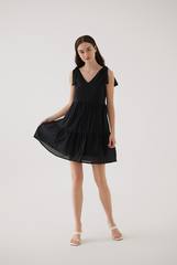 Sereba Self-Tie Ribbon Tiered Dress in Black