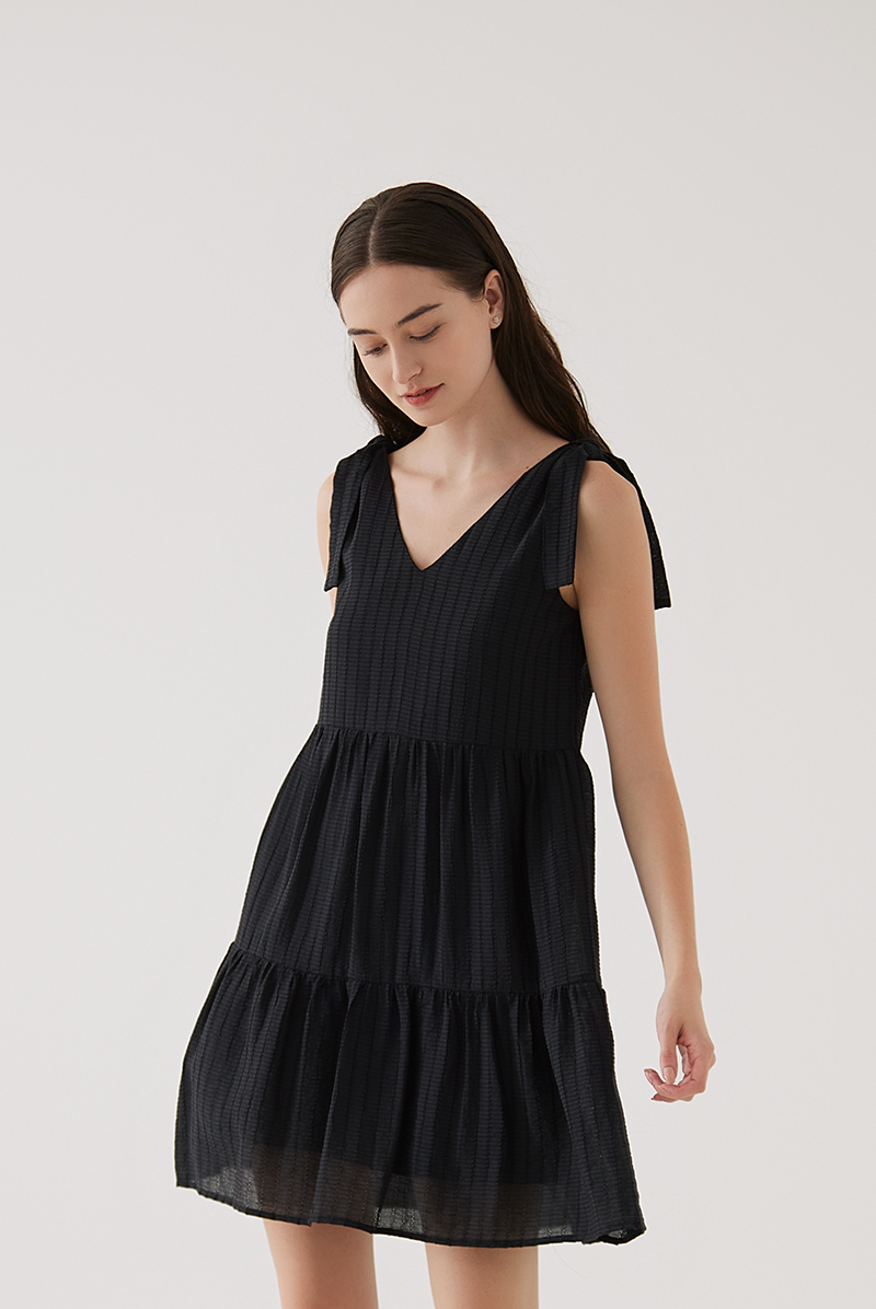 Sereba Self-Tie Ribbon Tiered Dress in Black