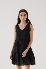 Sereba Self-Tie Ribbon Tiered Dress in Black