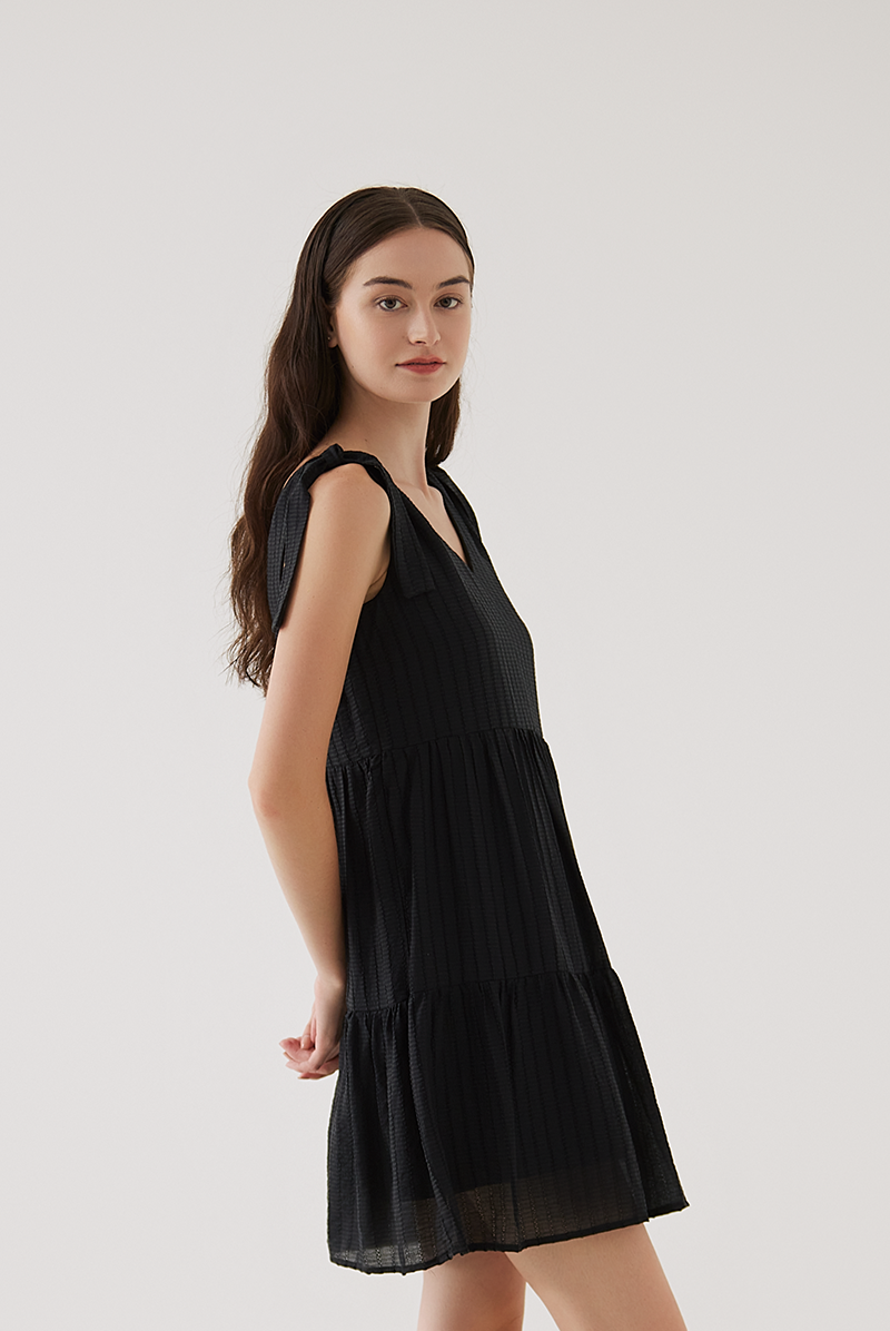 Sereba Self-Tie Ribbon Tiered Dress in Black