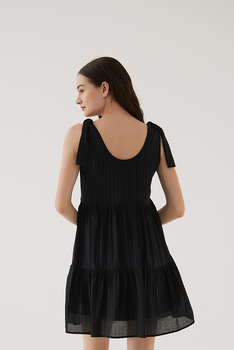 Sereba Self-Tie Ribbon Tiered Dress in Black