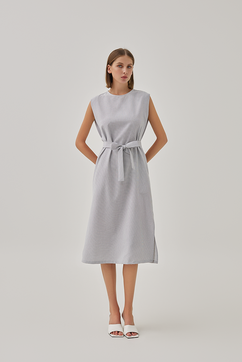 Brooklyn Checkered Side Slit Midi Dress in Grey