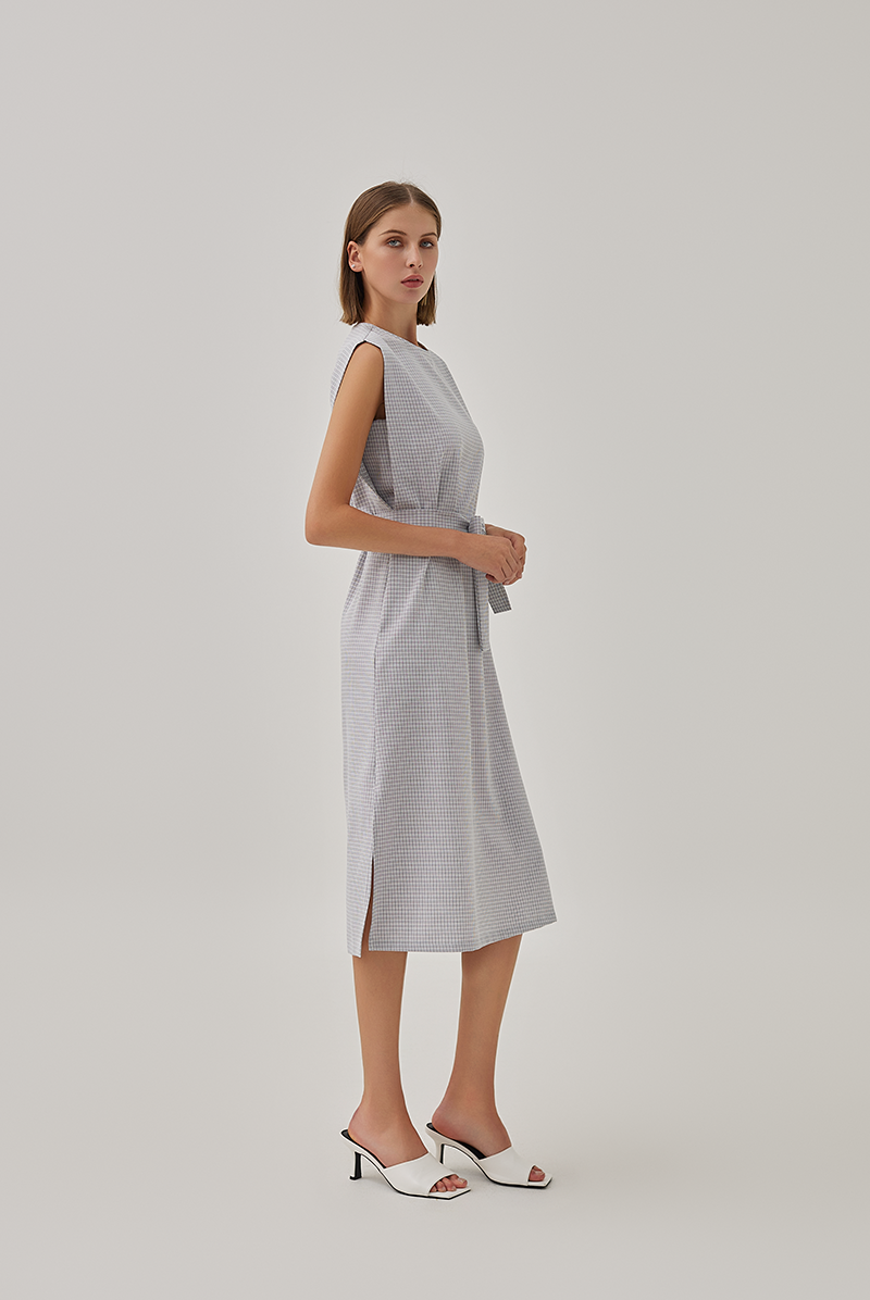 Brooklyn Checkered Side Slit Midi Dress in Grey